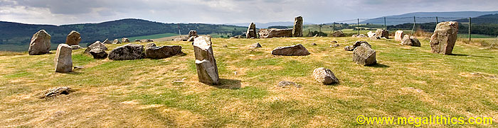 Panoramic shot of Tomnaverie recumbent stone circle